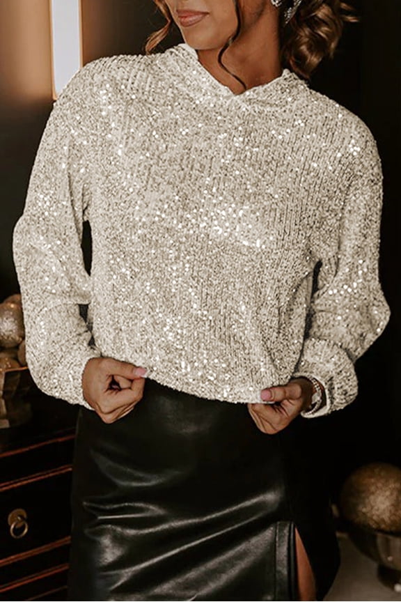 Jet Stream Sequin Hooded Long Sleeve Top