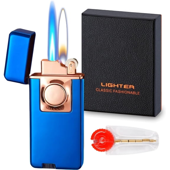 Jet Torch Dual Flame Lighter with 6pcs Flint Stone, Windproof Butane Gas, Adjustable Soft & Jet Flame 2 in 1, Refillable for Outdoor & Indoor - Blue