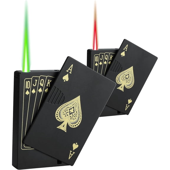 Jet Torch Lighter, 2 Pack, Green+Red Flame Ace Card Lighter, Cool Lighter Windproof Poker Design, Refillable Butane, for Outdoor, Indoor, Camping, BBQ, Candle, Birthday, Gift (Without Gas)