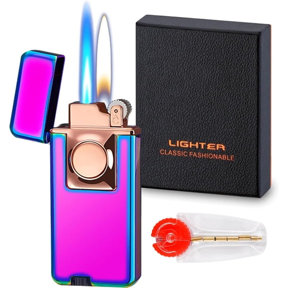 Jet Torch Lighter, Creative Dual Flame Lighter with 6pcs Flint Stone, Windproof Butane Gas Lighter, Cool Adjustable Soft Flame and Jet Flame 2 in1,Refillable Butane Lighter for Outdoor Indoor-Rainbow