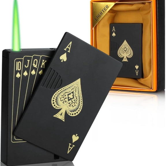 Jet Torch Lighter Green Flame Ace Card Refillable Butane Metal Windproof Poker of Spades Cool Lighter Design with Watch for Men's Gift