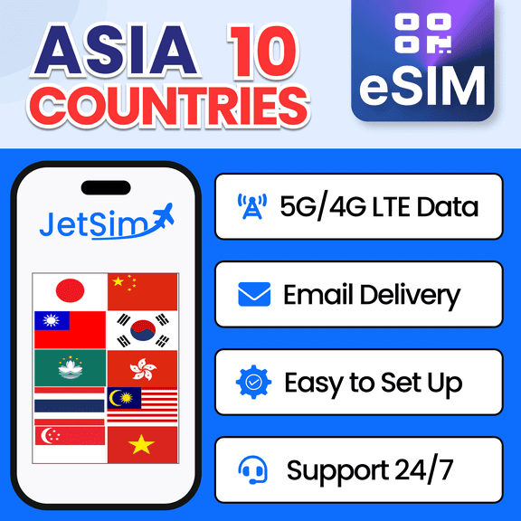 JetSim Bring Your Own Phone eSIM SIM Card Kit for Asia (China Mainland, Japan, Korea, More)- Activation Required