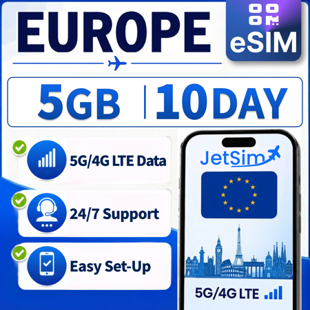 JetSim Bring Your Own Phone eSIM SIM Card Kit for Europe (France, Italy, Spain, More)- Activation Required