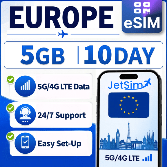 JetSim Bring Your Own Phone eSIM SIM Card Kit for Europe (France, Italy, Spain, More)- Activation Required
