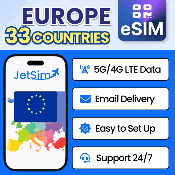 JetSim Bring Your Own Phone eSIM SIM Card Kit for Europe (France, Italy, Spain, More)- Activation Required