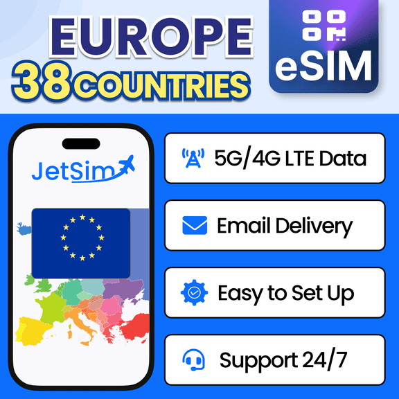 JetSim Bring Your Own Phone eSIM SIM Card Kit for Europe (France, Italy, Spain, More)- Activation Required