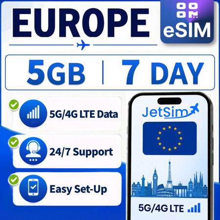 JetSim Bring Your Own Phone eSIM SIM Card Kit for Europe (France, Italy, Spain, More)- Activation Required