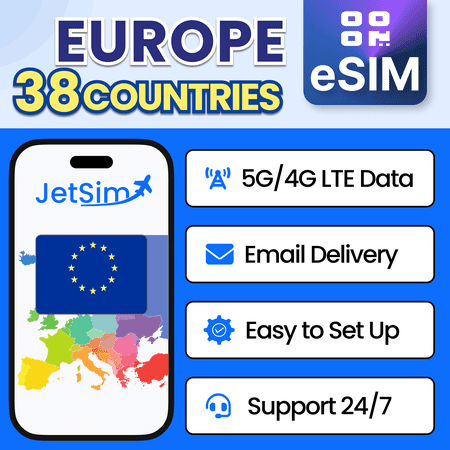 JetSim Bring Your Own Phone eSIM SIM Card Kit for Europe (Italy, France Germany, More)- Activation Required