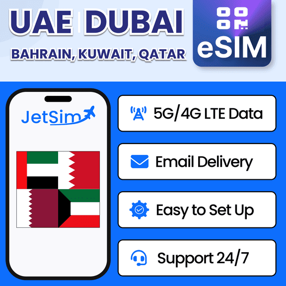JetSim Bring Your Own Phone eSIM SIM Card Kit for Gulf Region (UAE Dubai, Bahrain, Kuwait, Qatar)- Activation Required