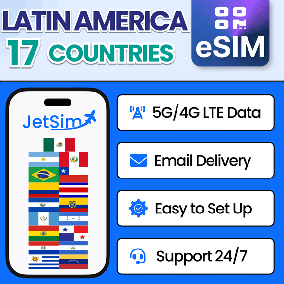 JetSim Bring Your Own Phone eSIM SIM Card Kit for Latin America (Peru, Brazil, Mexico, More)- Activation Required