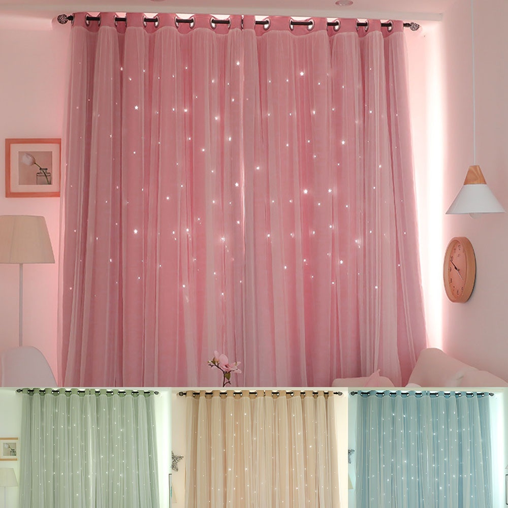 Jetcloudlive 1/2PCS Full Blackout Curtain Double-decker Nordic Style Bedroom Living Room Curtain Hollow Star Net Princess Wind Curtain - image 1 of 16