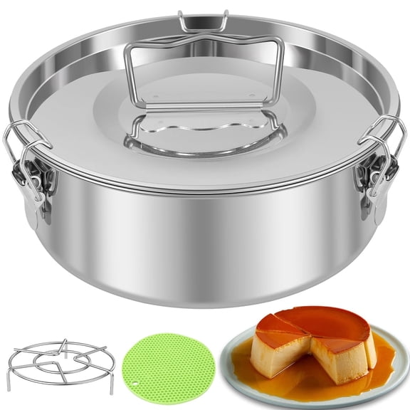 Jetcloudlive Stainless Steel Flan Mold Set, 1.5 QT Flan Pan with Lid, Flanera Flan Maker Mold Compatible with 6-8 Qt Instant Pot, Round Cake Baking Pan with Steamer Trivet Rack and Silicone Mat