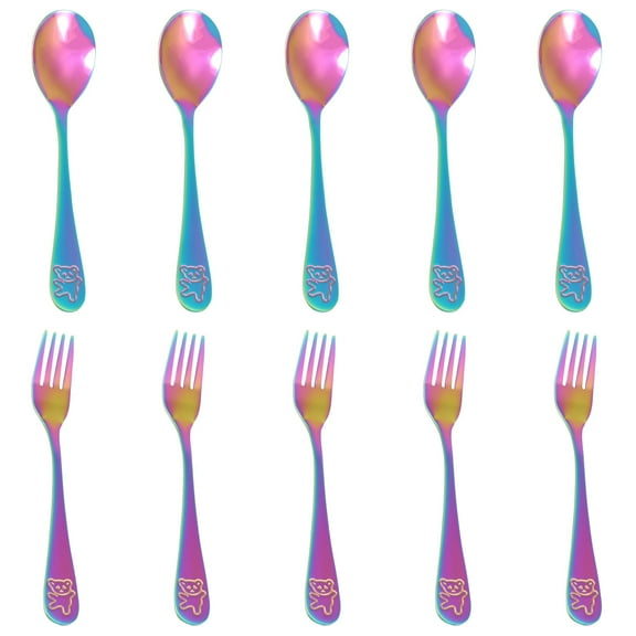 Jetcloudlive 10 Pieces Kids Silverware Set, Stainless Steel Toddler Utensils, Rainbow Kids Cutlery Set, Kids Forks and Spoons Includes 5 Forks, 5 Spoons