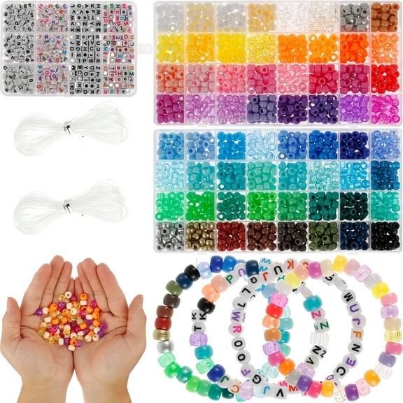Jetcloudlive 1977Pcs Pony Beads Kit for Bracelet Making 64 Colors 9mm Kandi Beads Set Plastic Pony Beads Bulk with 375pcs Letter Beads Elastic String DIY Bracelets Jewelry Beads