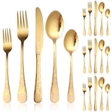 Jetcloudlive 20 Piece Gold Silverware Set Service for 4, Stainless Steel Flatware Set, Mirror Polished Cutlery Set, Flower Pattern Forks and Spoons Set with Knives, Dishwasher Safe