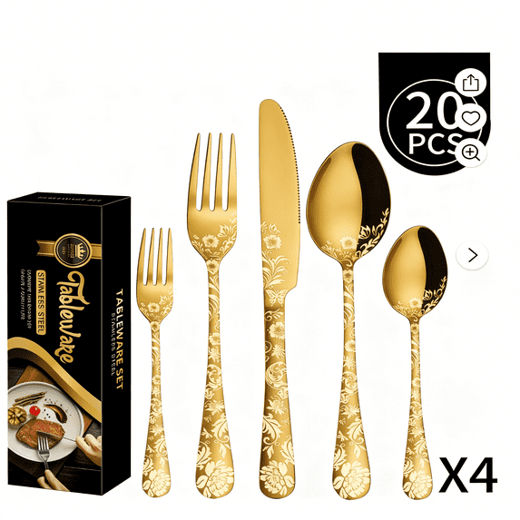 Jetcloudlive 20 Piece Gold Silverware Set Service for 4, Stainless Steel Flatware Set, Mirror Polished Cutlery Set, Flower Pattern Forks and Spoons Set with Knives, Dishwasher Safe