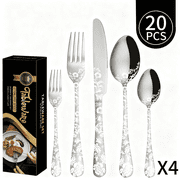 Jetcloudlive 20 Pieces Silverware Set, Stainless Steel Flatware Set for 4, Silver Mirror Polished Cutlery Utensil Set, Flower Pattern Forks and Spoons Set with Knives, Dishwasher Safe