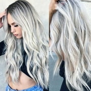 Jetcloudlive 28" Ladies Full Wigs Hair Long Wavy Gray Silver Wig Synthetic Hair
