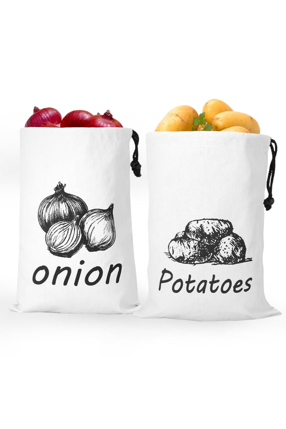 2Pcs Potato Drawstring Bag Canvas Onion Storage Bag Large Capacity Washable Garlic Keeper Vegetable and Fruit Storage with Side Zipper for Kitchen
