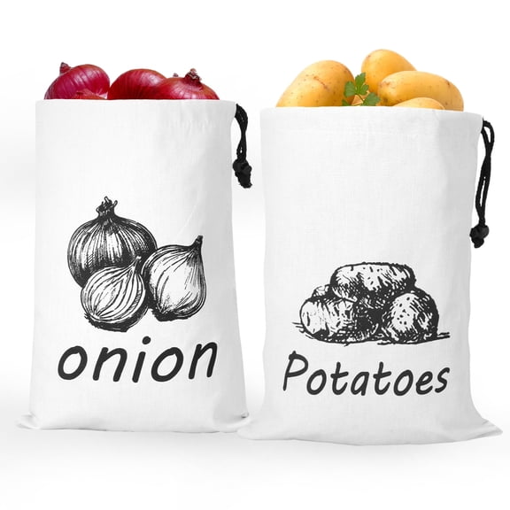 Jetcloudlive 2Pcs Potato Drawstring Bag Canvas Onion Storage Bag Large Capacity Washable Garlic Keeper Vegetable and Fruit Storage with Side Zipper for Kitchen