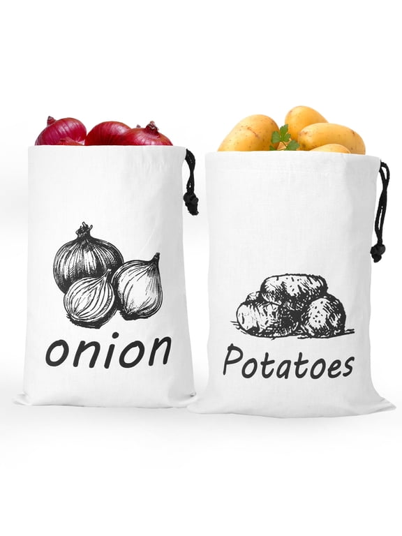 2Pcs Potato Drawstring Bag Canvas Onion Storage Bag Large Capacity Washable Garlic Keeper Vegetable and Fruit Storage with Side Zipper for Kitchen