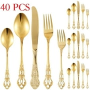 Jetcloudlive 40 Pcs Gold Silverware Set,Retro Royal Stainless Steel Flatware Utensil Sets for 8,Gold Luxury Cutlery Set Includes Forks Spoons Knives,Mirror Polished,Dishwasher Safe