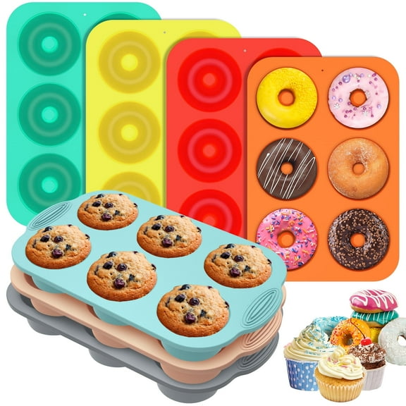 Jetcloudlive 7 Pcs Silicone Muffin Pan Donut Pan 6 Cup Cupcake Pans Non Stick Round Silicone Baking Molds Cake Muffin Tray 7 Colors for Cake Biscuit Bagels