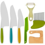 Jetcloudlive 7Pcs Wooden Kids Kitchen Knife, Plastic Safe Knife Set Include Wood Kids Safe Knife, Serrated Edges Plastic Toddler Knife, Plastic Potato Slicers, Sandwich Cutter, Y Peeler