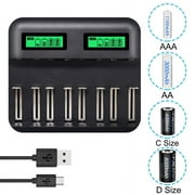 Jetcloudlive 8 Slots Usb Smart Battery Charger with LED Display for Aa Aaa Sc C D Size Rechargeable Battery 1.2V Ni-Mh Ni-Cd Quick Charger