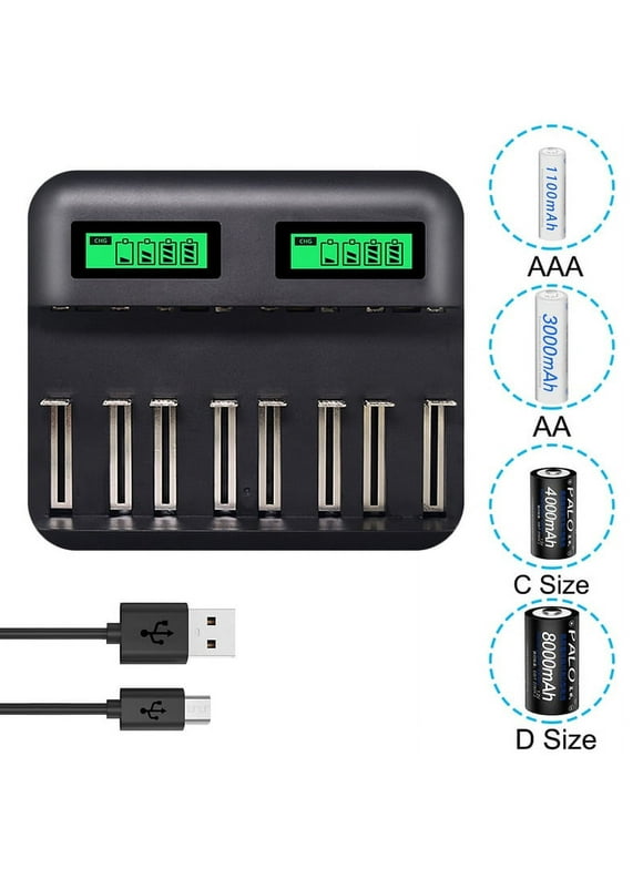 Jetcloudlive 8 Slots Usb Smart Battery Charger with LED Display for Aa Aaa Sc C D Size Rechargeable Battery 1.2V Ni-Mh Ni-Cd Quick Charger
