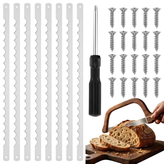 8Pcs Bread Bow Knife Blades for Sourdough Bread Slicer 10.8" Serrated Stainless Steel Replacement Blades for Wooden Fiddle Bow Bread Cutter Saw with Screws and Screwdriver