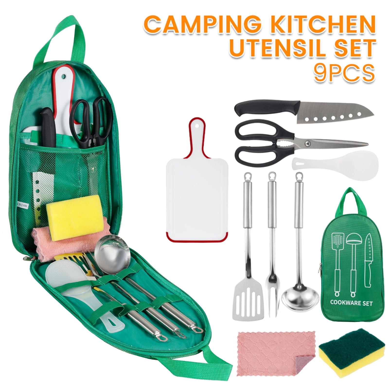 Jetcloudlive 9 Piece Camp Kitchen Cooking Utensil Set Travel Organizer Grill Accessories Portable Compact Gear for Backpacking BBQ Camping Hiking Travel Cookware Kit Water Resistant Case