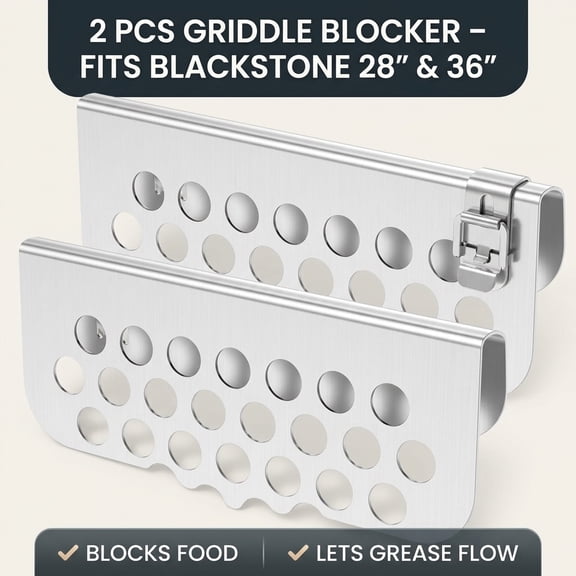 2 Pcs Stainless Steel Griddle Blocker for Blackstone 28" 36" Grease Gate Accessories – Food Catcher Mesh Screen to Prevent Waste Adjustable Buckle