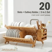 Jetcloudlive Bamboo Dish Drying Rack with Utensil Holder,Collapsible Wooden Dish Drainer Rack,2-Tier Large Folding Drying Holder for Kitchen Counter