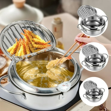 Jetcloudlive Deep Fryer Pot,Japanese Tempura Small Deep Fryer Stainless Steel Frying Pot With Thermometer,Lid And Oil Drip Drainer Rack for French Fries Shrimp Chicken Wings and Shrimp