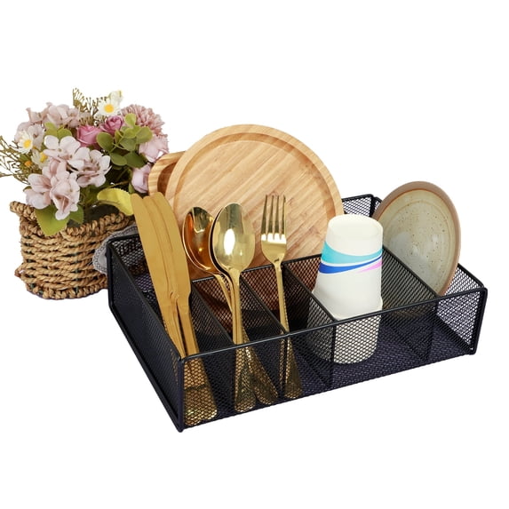 Jetcloudlive Paper Plate Organizer for Countertop Mesh Silverware Utensil Caddy 6 Compartments Metal Utensil Holder Multifunctional Flatware Organizer for Spoon Fork Plate Napkins Cup Party Camping