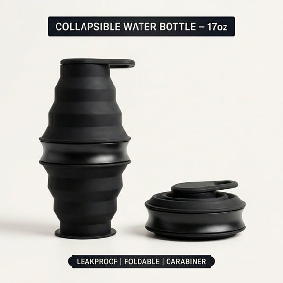 Silicone Collapsible Water Bottle 17oz Reusable Leakproof Travel Foldable Water Bottle with Sport Carabiner for Gym Camping Hiking Black