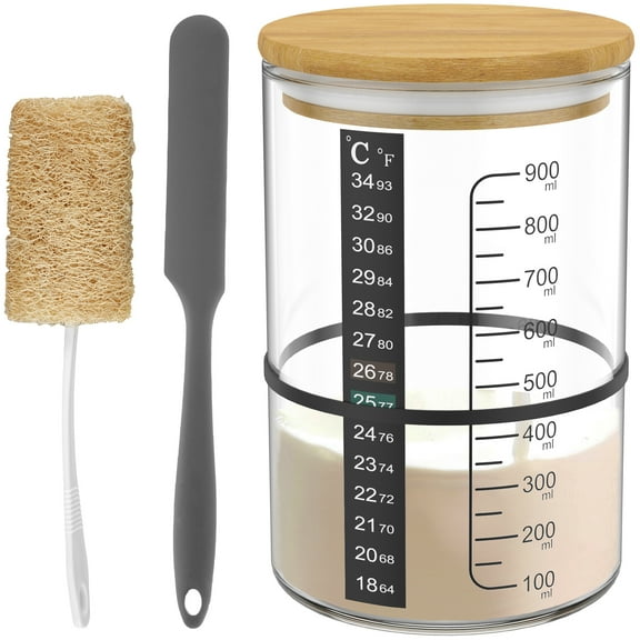 Jetcloudlive Sourdough Starter Jar for Sourdough Bread Baking,Sourdough Starter Kit with Date Marked Feeding Band,Scraper,Sourdough Container Sewn Wooden lid (900ml/33Oz)