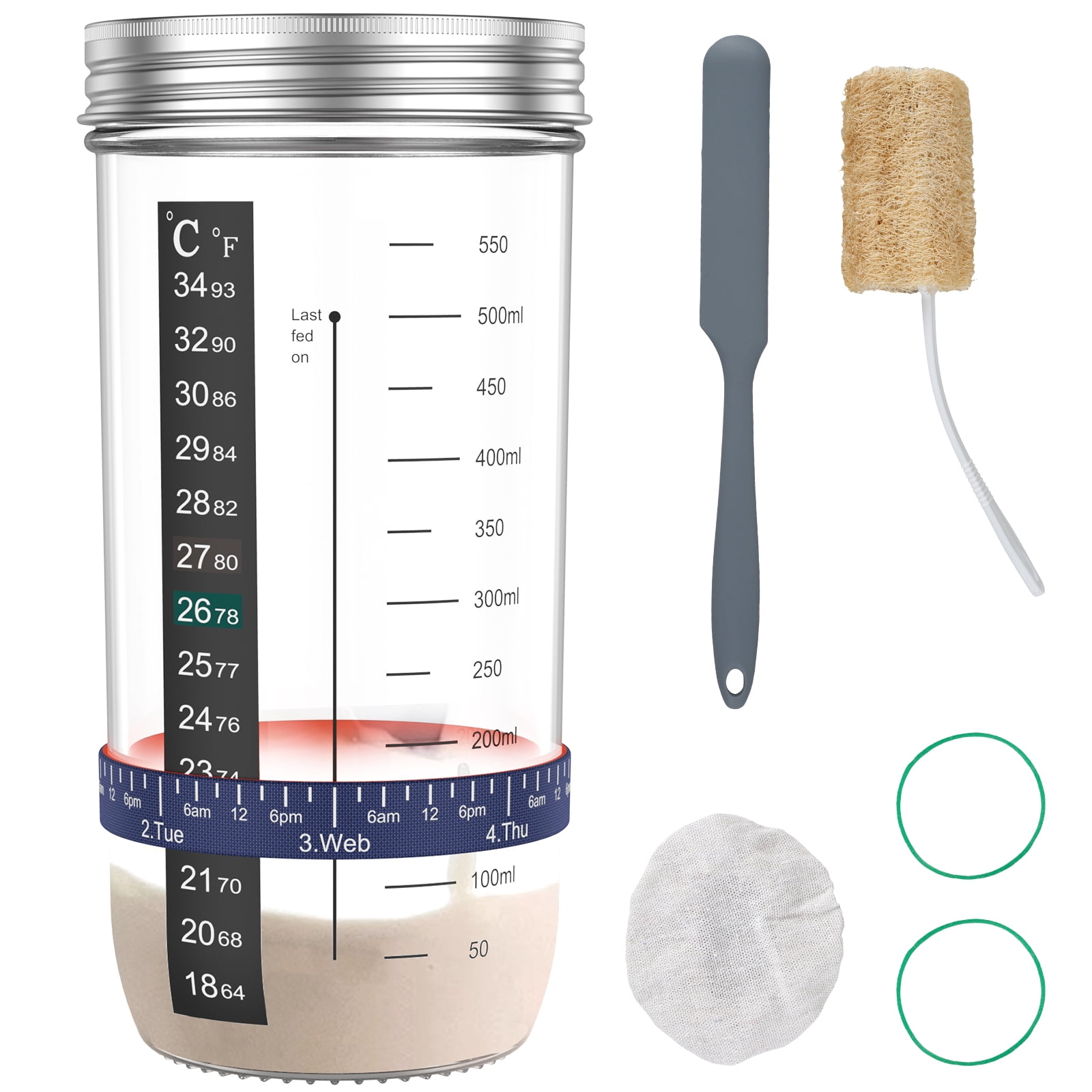 Kmise Sourdough Starter Jar, 34 Oz DIY Pro Glass Sourdough Starter Jar Kit  With Thermometer, Silicone Spatula, Blackboard Stickers and Cutter