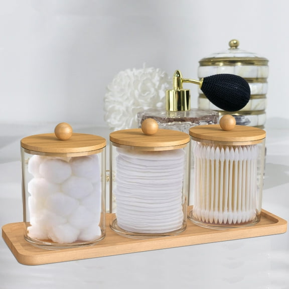 Jetcloudlive love 3Pcs Qtip Holder Dispenser with Bamboo Lids Clear Acrylic Bathroom Jars with Tray Reusable Bathroom Canisters Swab Ball Holder Dispenser ,for Makeup Cotton Swab