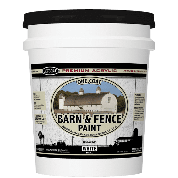 Jetcoat Barn & Fence Paint, 100% Acrylic, One Coat, Fade Resistant, Semi-Gloss, White, 4.75 Gal.