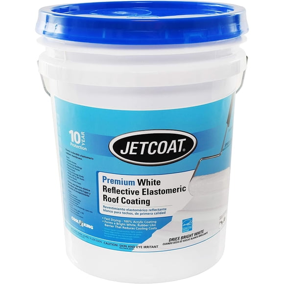 Jetcoat Cool King Reflective Acrylic Roof Coating, Waterproof Elastomeric Sealant, 5 Gallon, 10 Year Protection (White)