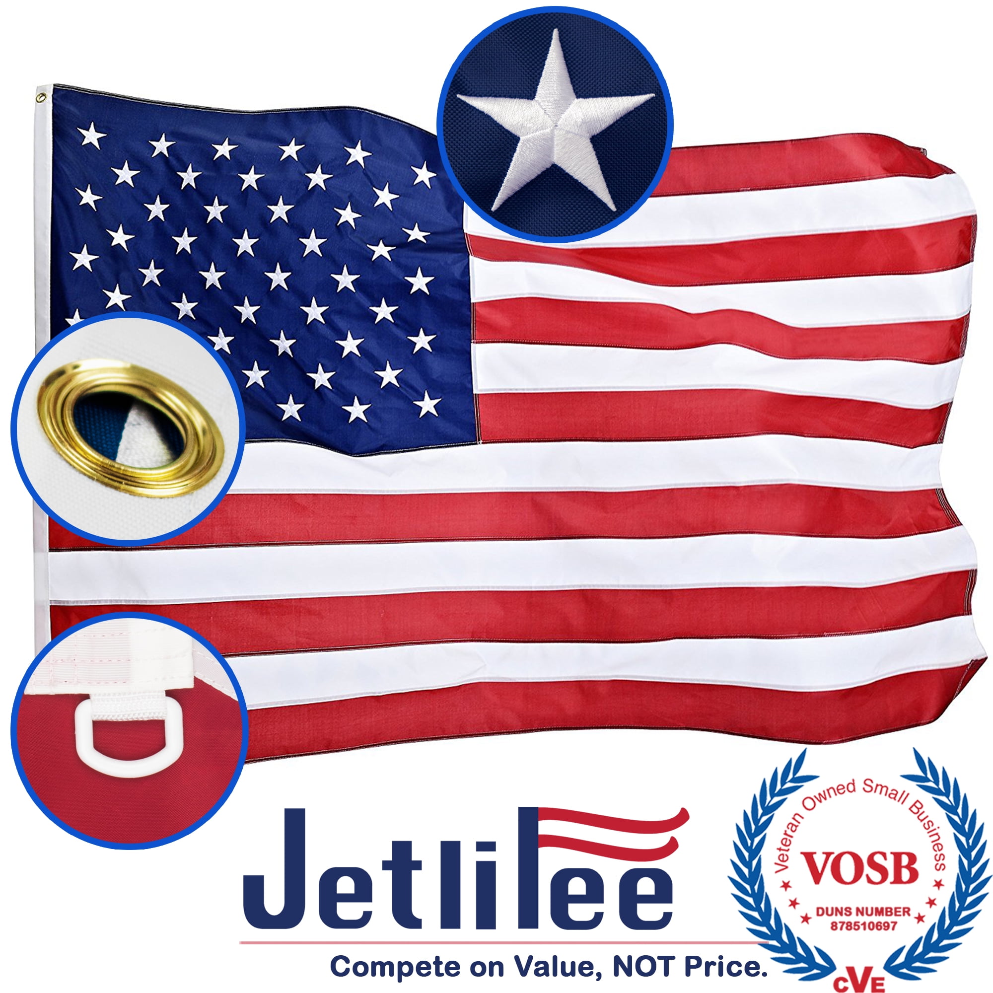 Jetlifee 8x12 Ft US Flag 210D Polyester American Flag Emboridered Stars, Sewn Stripes, Deluxe Fast-Dry, All-Weather USA Flag for Indoor and Outdoor