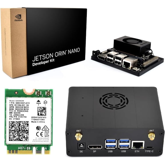 Jetson Orin Nano Super AI Development Kit for Embedded and Edge Systems, with 8GB Memory Jetson Orin Nano Module, Bundle with Aluminum Alloy Case and AC8265 Wireless NIC