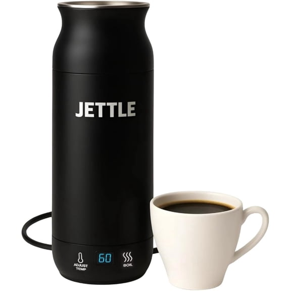 Jettle Travel Electric Kettle 450ml - Portable Bottle-Style Water Heater with Temperature Control & Auto Shut-Off - Stainless Steel for Tea, Coffee & Soup - Black