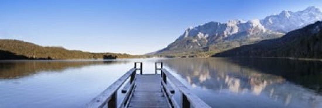Jetty on the Lake Eibsee with Wetterstein Mountains and Zugspitze Mountain Bavaria Germany Canvas Art - Panoramic Images (18 x 6)