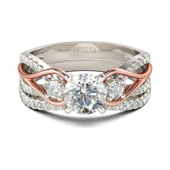 Jeulia Three Stone Two Tone Round Cut Sterling Silver Ring Set