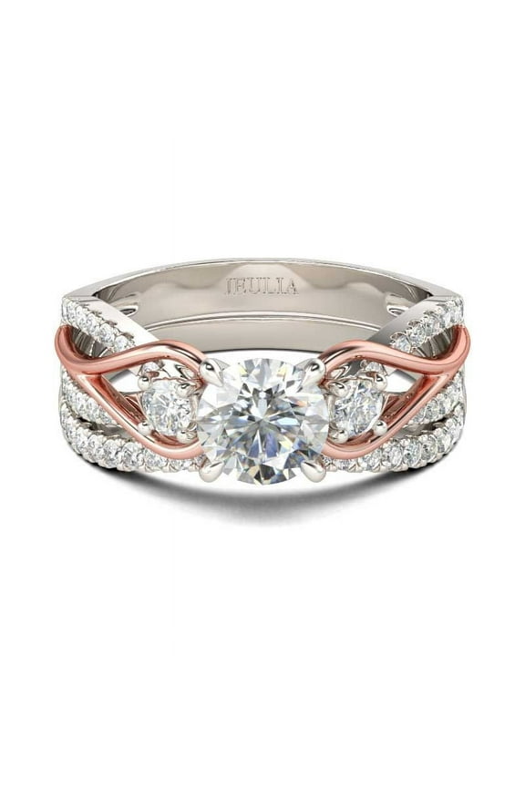 Three Stone Two Tone Round Cut Sterling Silver Ring Set