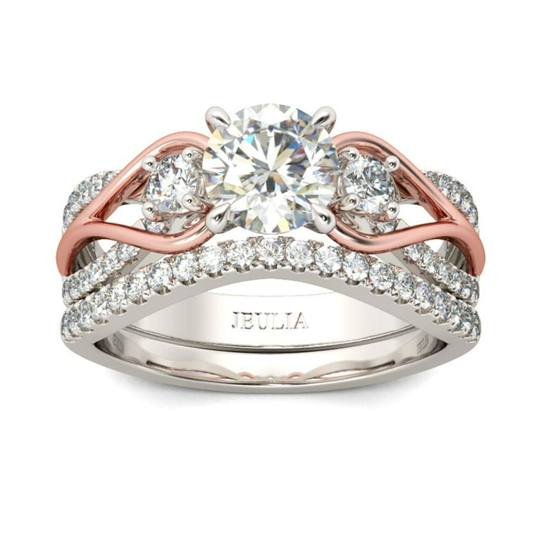 Jeulia Three Stone Two Tone Round Cut Sterling Silver Ring Set
