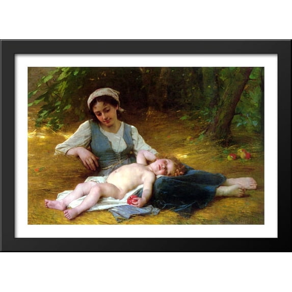 Jeune mere et enfant endormie 40x28 Large Black Wood Framed Print Art by Leon Bazile Perrault